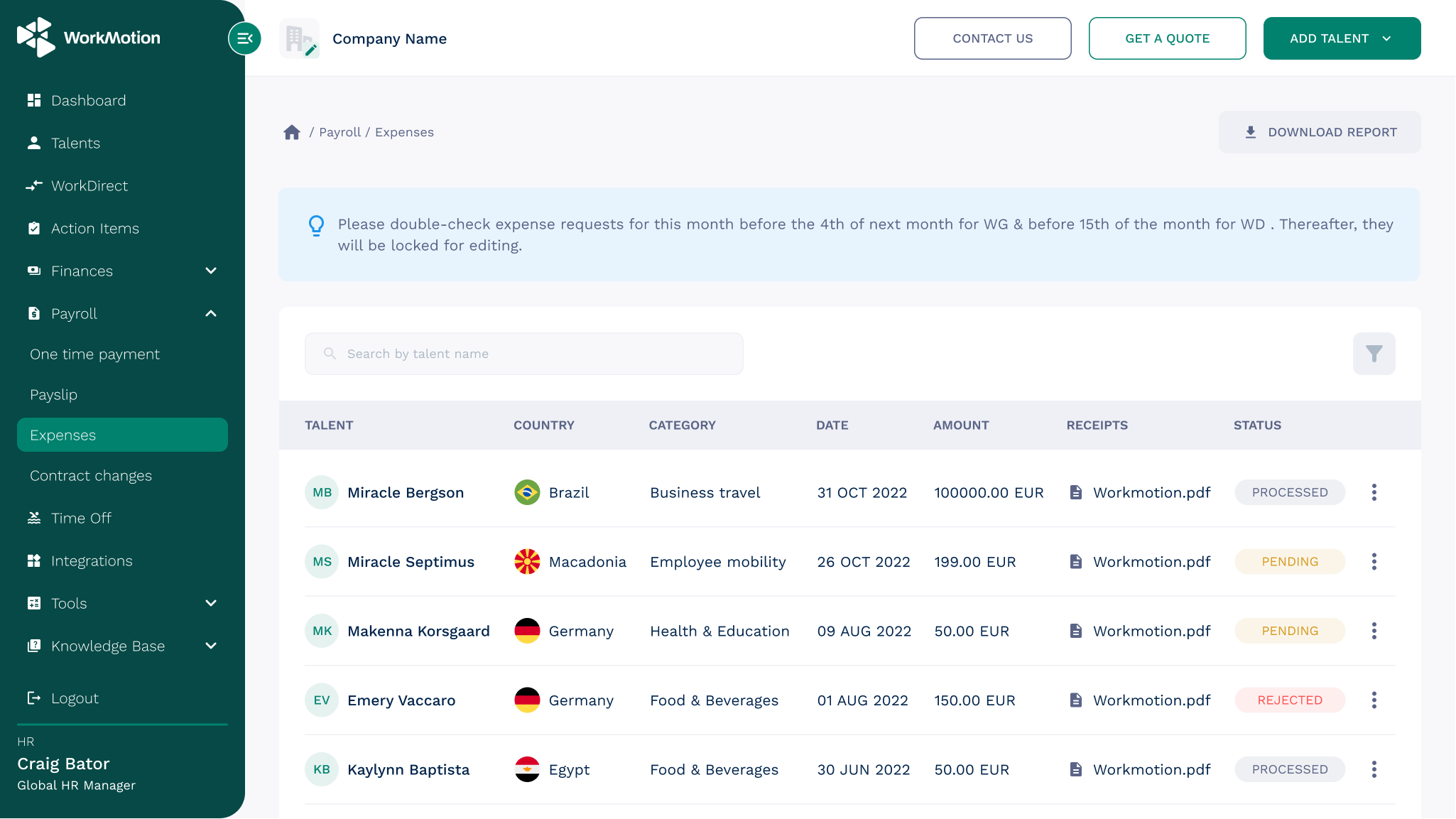 HR view of expense status screen