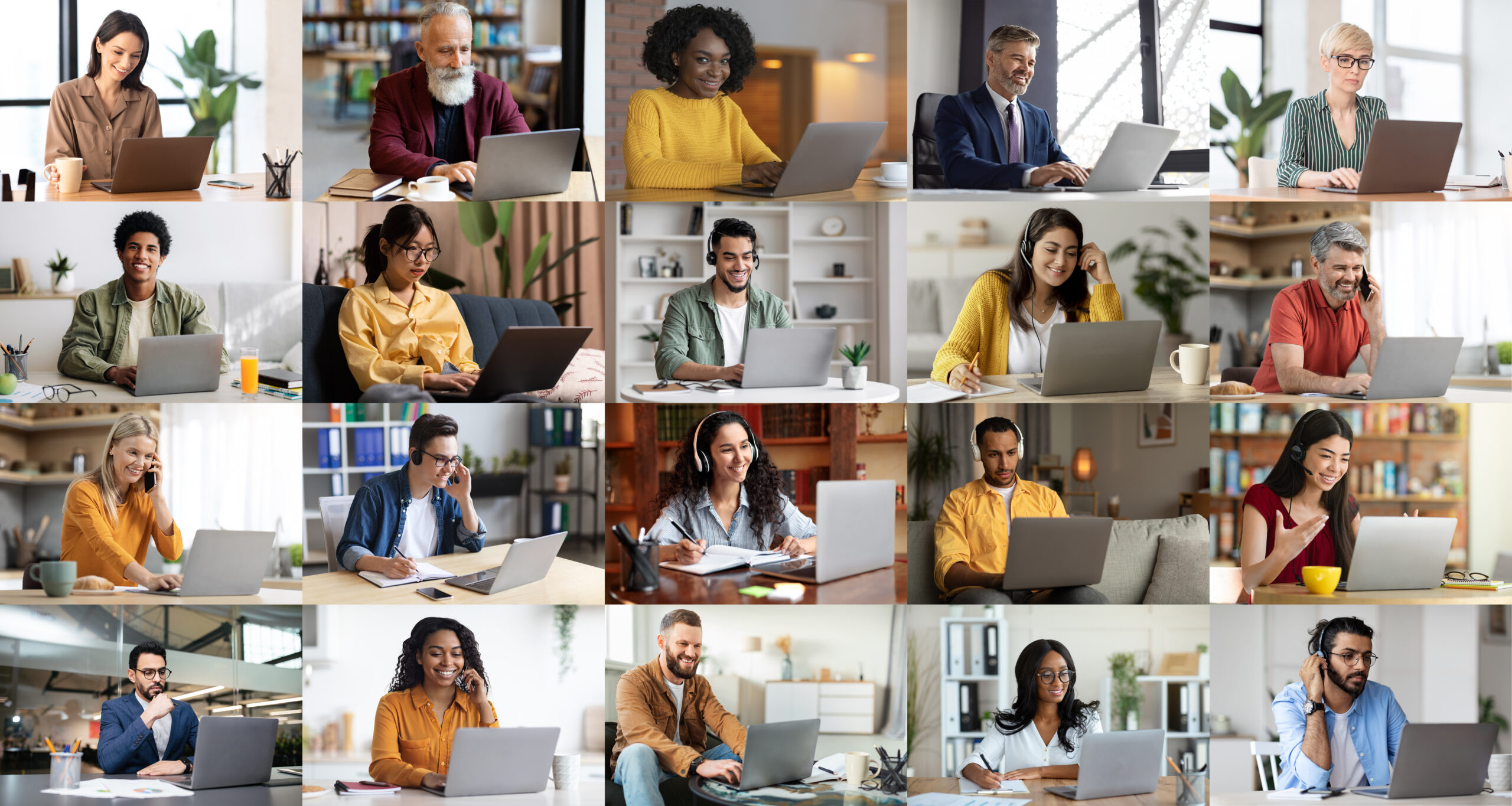 International group of people working remotely at home.